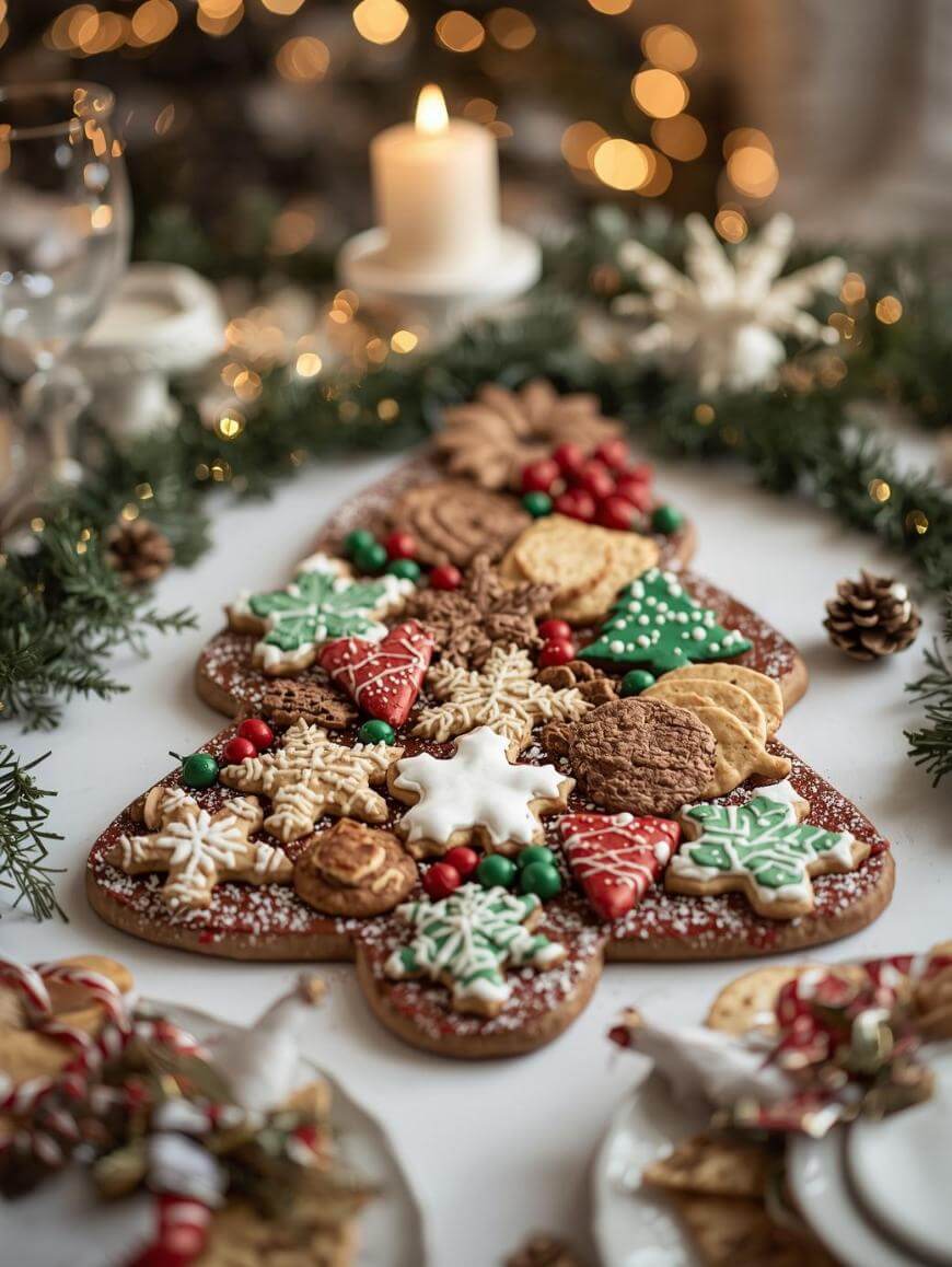 A festive arrangement of assorted Christmas cookies shaped like a tree, decorated with icing, sprinkles, and holiday colors, surrounded by greenery, pinecones, and a lit candle in the background.