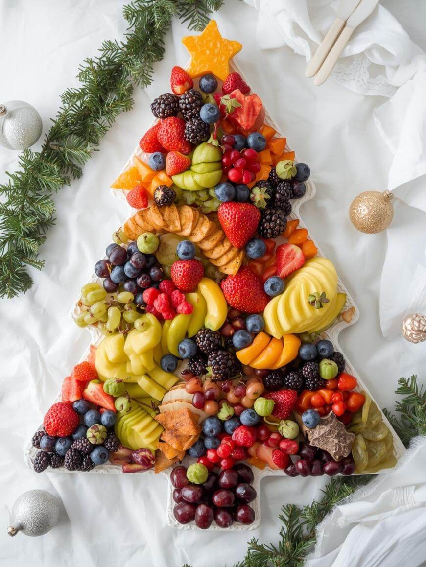 A large fruit platter arranged in the shape of a Christmas tree, topped with a star-shaped slice of cheese, with assorted colorful fruits and surrounded by festive greenery and ornaments.