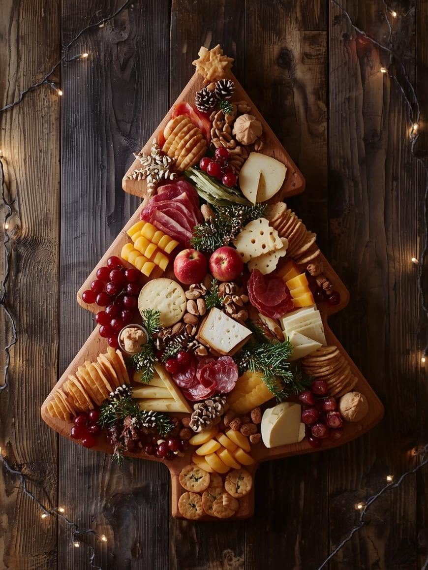 A festive charcuterie board shaped like a Christmas tree sits on a wooden table, topped with cheeses, meats, crackers, fruits, cookies, nuts, and greenery, surrounded by twinkling string lights.