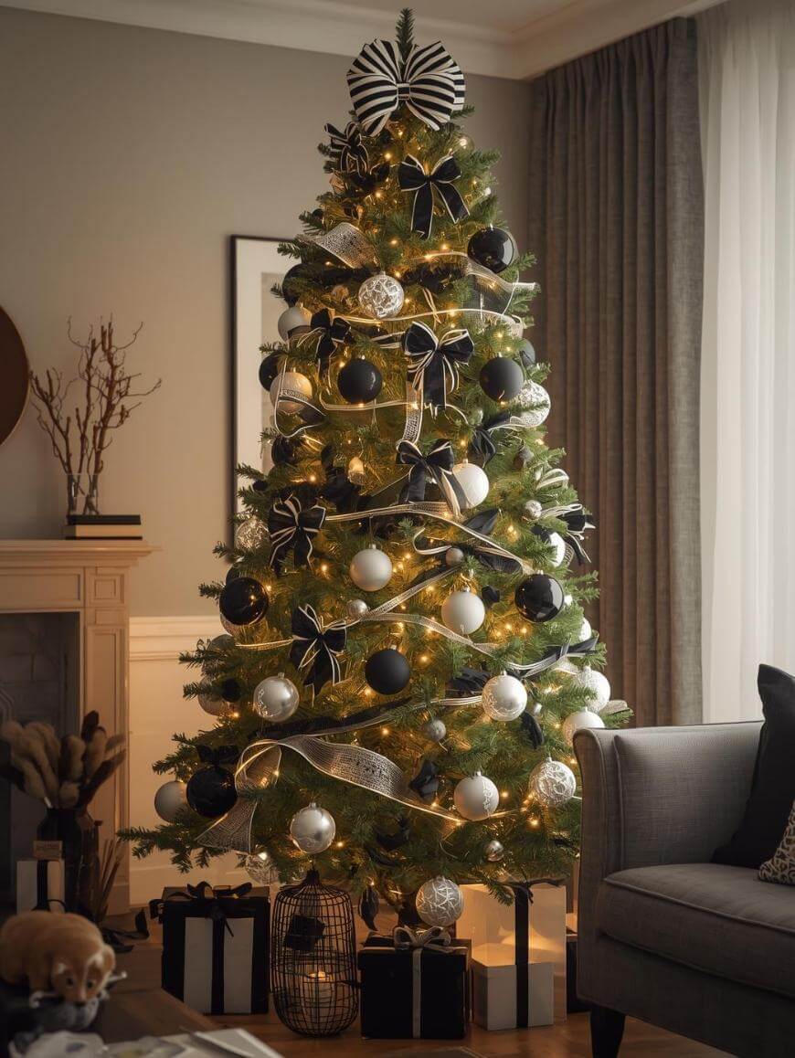 A Christmas tree decorated with black, white, and silver ornaments, ribbons, and a striped bow topper stands in a cozy living room with wrapped presents underneath and soft lighting.