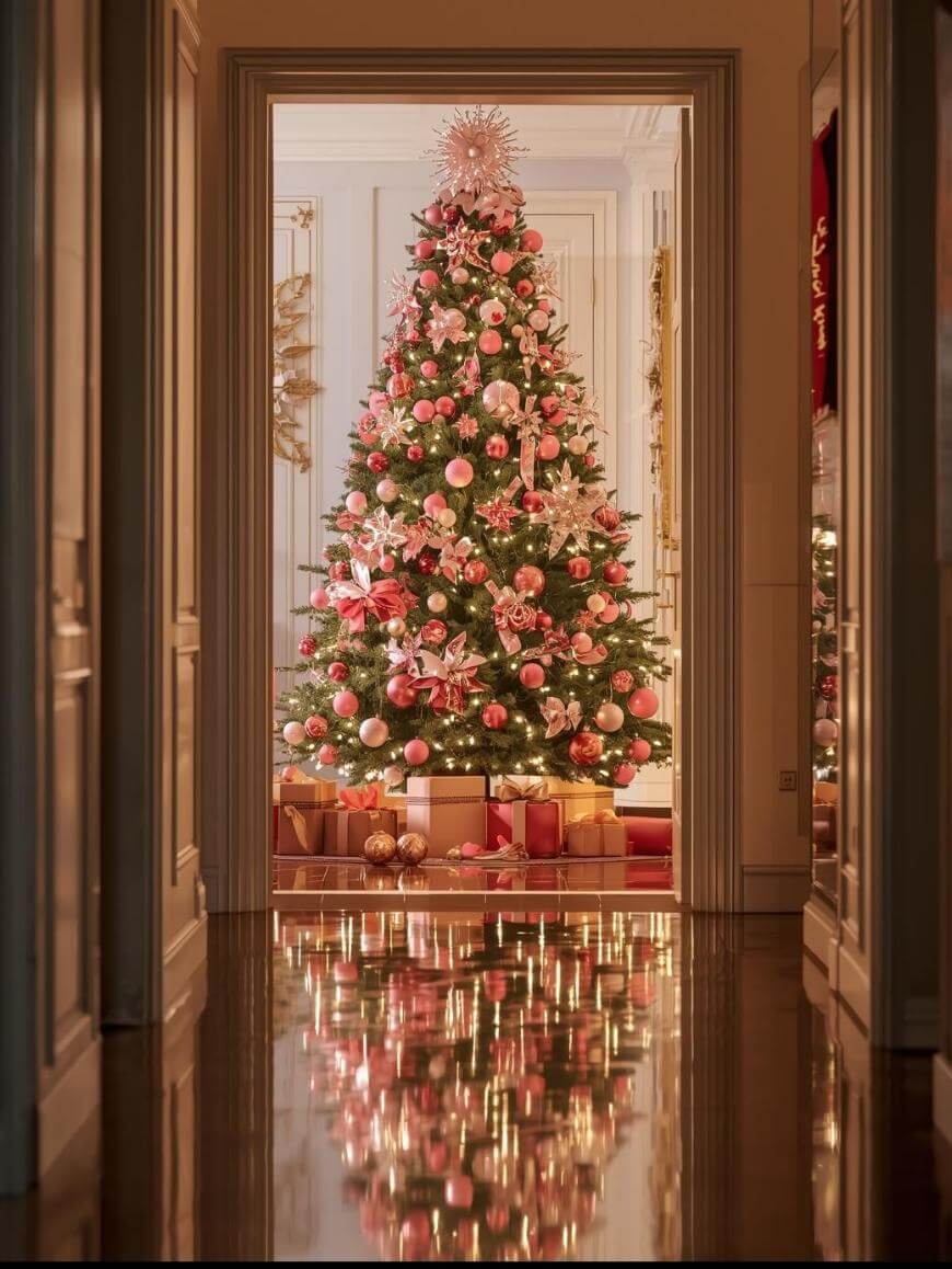 A tall Christmas tree decorated with pink and gold ornaments, ribbons, and lights stands in a brightly lit room. Wrapped gifts are arranged under the tree, and its reflection shines on the polished floor.