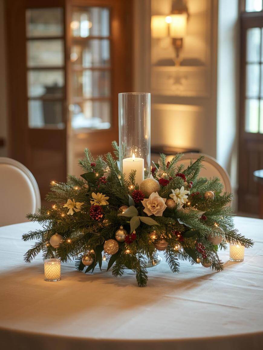 A festive centerpiece with evergreen branches, gold ornaments, pinecones, and cream flowers surrounds a tall glass candle holder on a round white tablecloth, with two small candles beside it in a softly lit room.