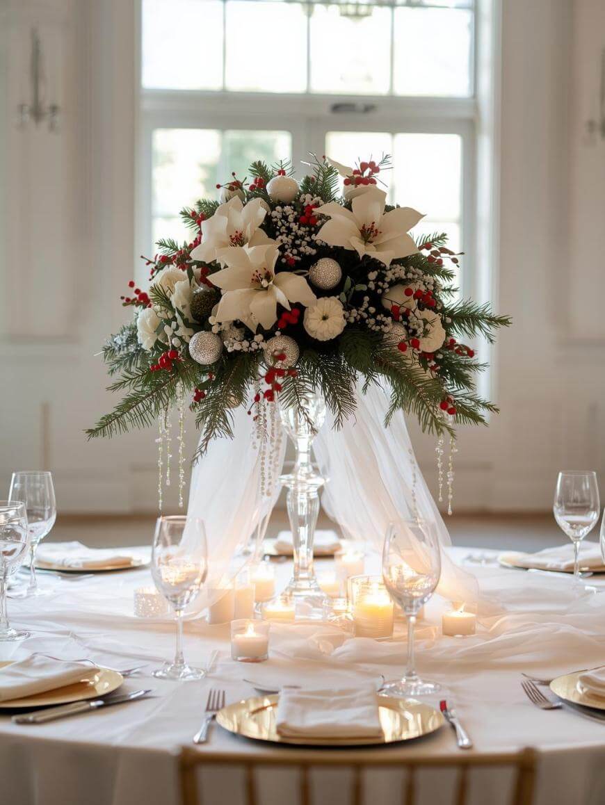 Elegant table centerpiece with white lilies, red berries, pine branches, and ornaments atop a tall glass vase draped in white fabric, surrounded by candles, wine glasses, and gold-rimmed plates on a white tablecloth.
