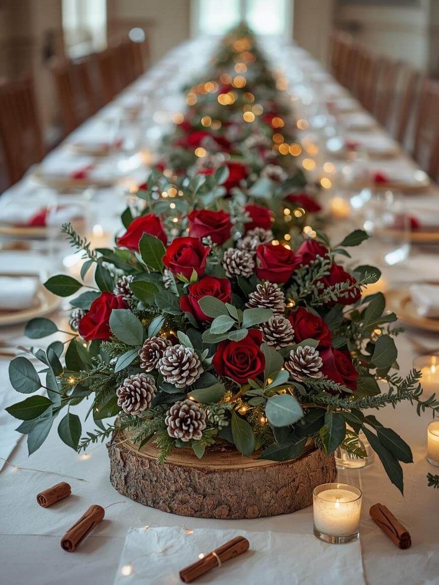 A festive table centerpiece with red roses, pinecones, green foliage, and fairy lights on a wooden base, surrounded by candles and cinnamon sticks on a long, elegantly set dining table.