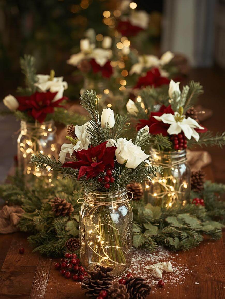 Mason jars filled with string lights, red and white flowers, pine branches, and berries are arranged on a wooden table with pinecones and greenery, creating a festive holiday centerpiece.