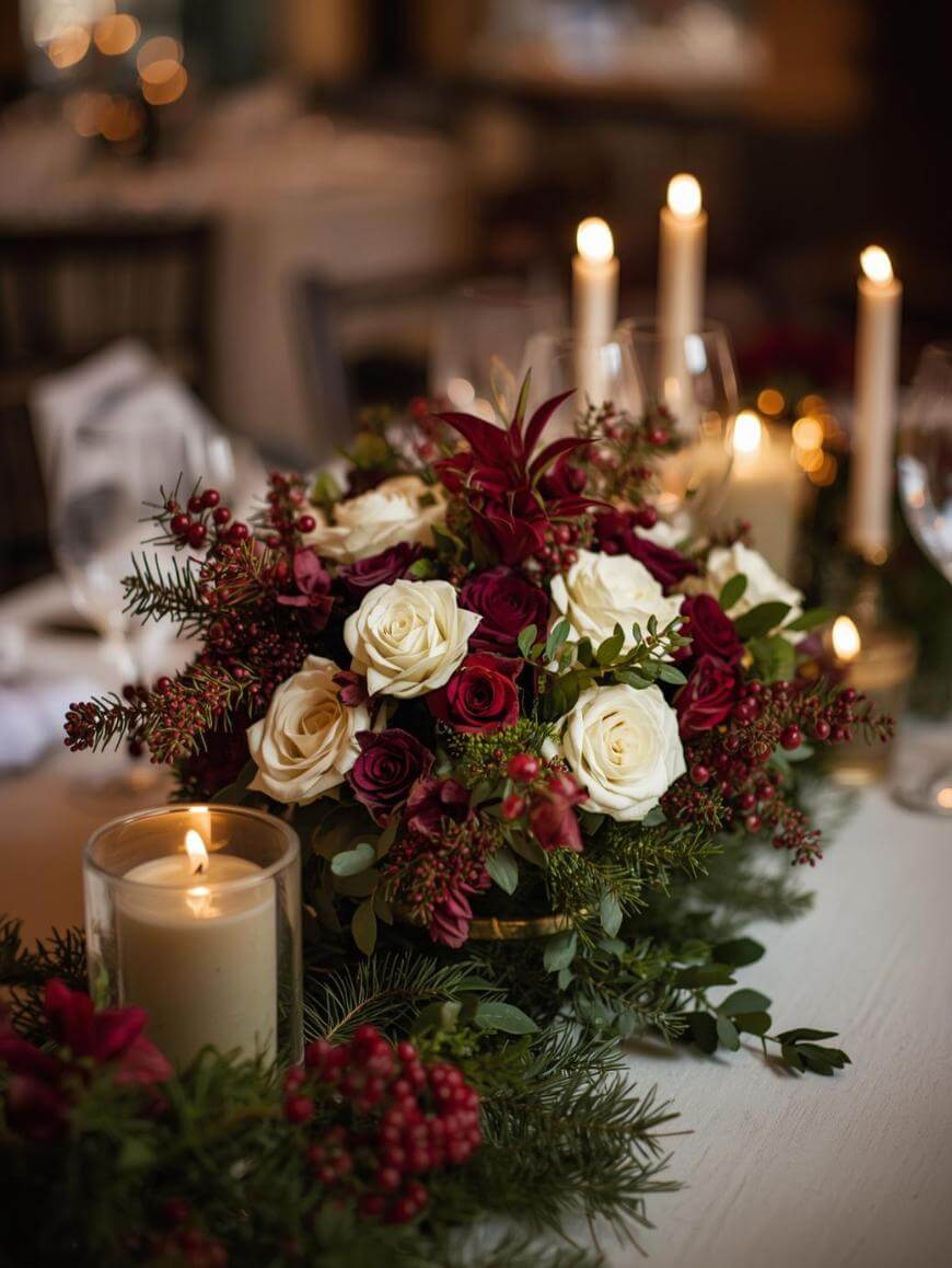 A festive table centerpiece with white and red roses, greenery, red berries, and lit candles in glass holders, creating a warm and elegant atmosphere.