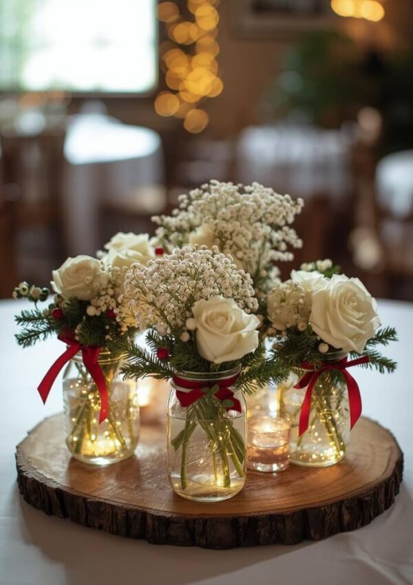 Mason jars filled with white roses, babys breath, and greenery, tied with red ribbons, sit on a wooden slab centerpiece with small lights, creating a warm, festive atmosphere on a round table.