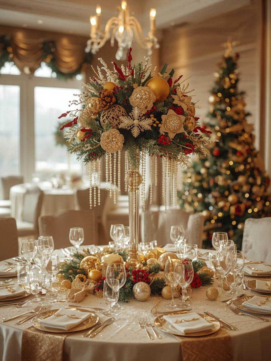 A round table elegantly set for a holiday celebration with gold accents, featuring a tall festive centerpiece of ornaments, pine branches, and pearls. A decorated Christmas tree and chandelier are visible in the background.