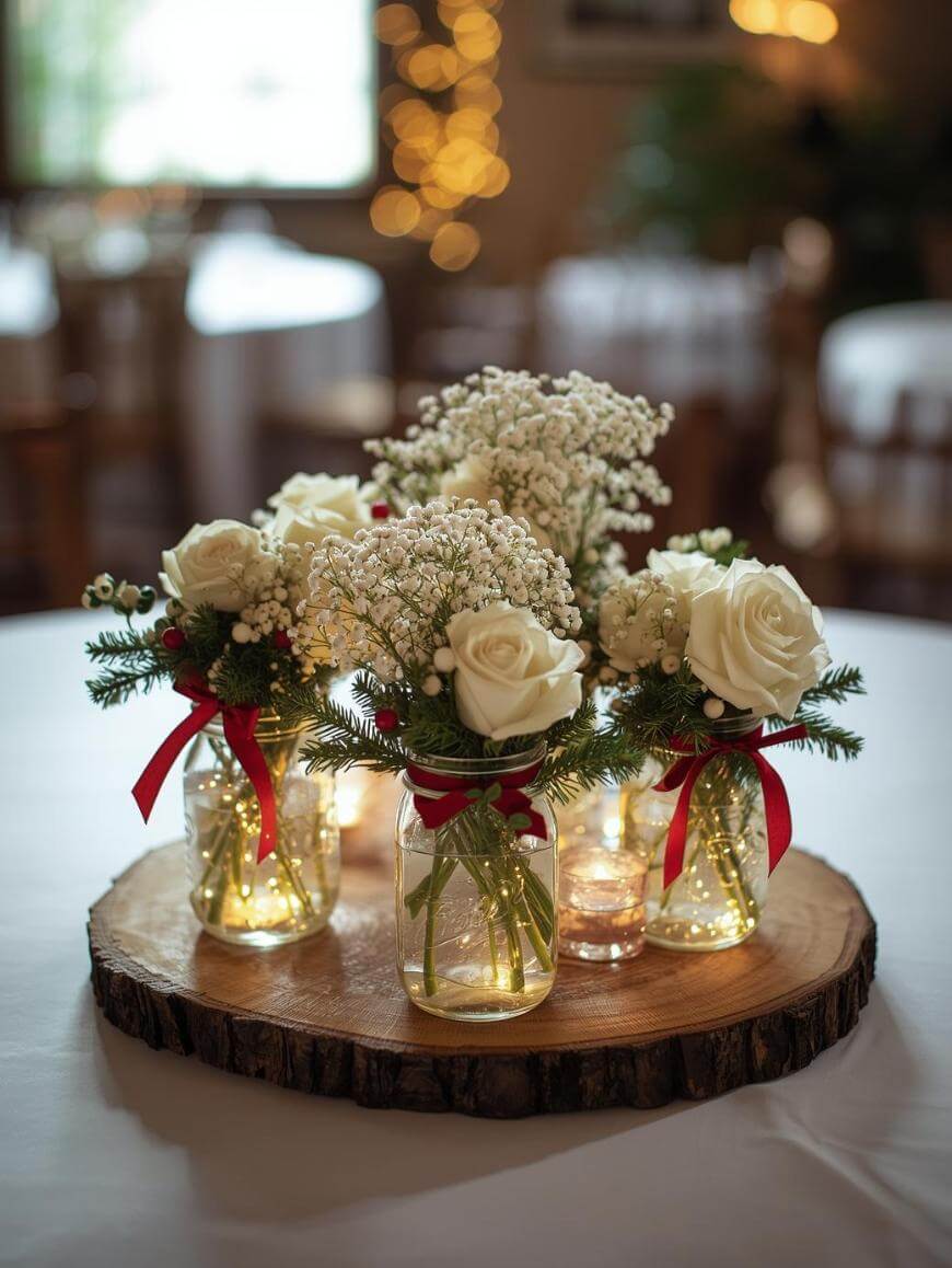 Mason jars filled with white roses, babys breath, greenery, and fairy lights sit atop a wooden slab. Red ribbons decorate the jars, creating a festive centerpiece on a round table in a softly lit room.