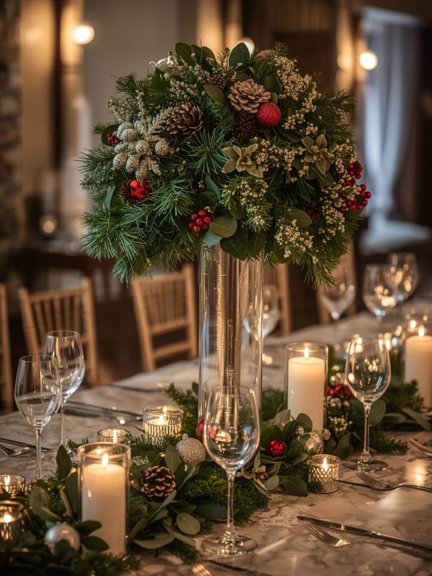 A festive dining table is set with candles, wine glasses, and cutlery, featuring a tall centerpiece of pine branches, pinecones, red berries, and greenery, creating a warm, elegant holiday atmosphere.