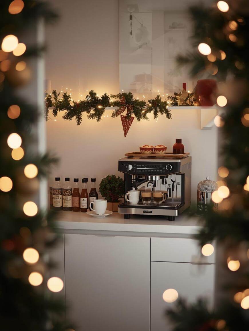 A cozy kitchen corner decorated with Christmas garland and warm string lights, featuring an espresso machine making coffee, mugs, syrup bottles, and pastries on a festive shelf.