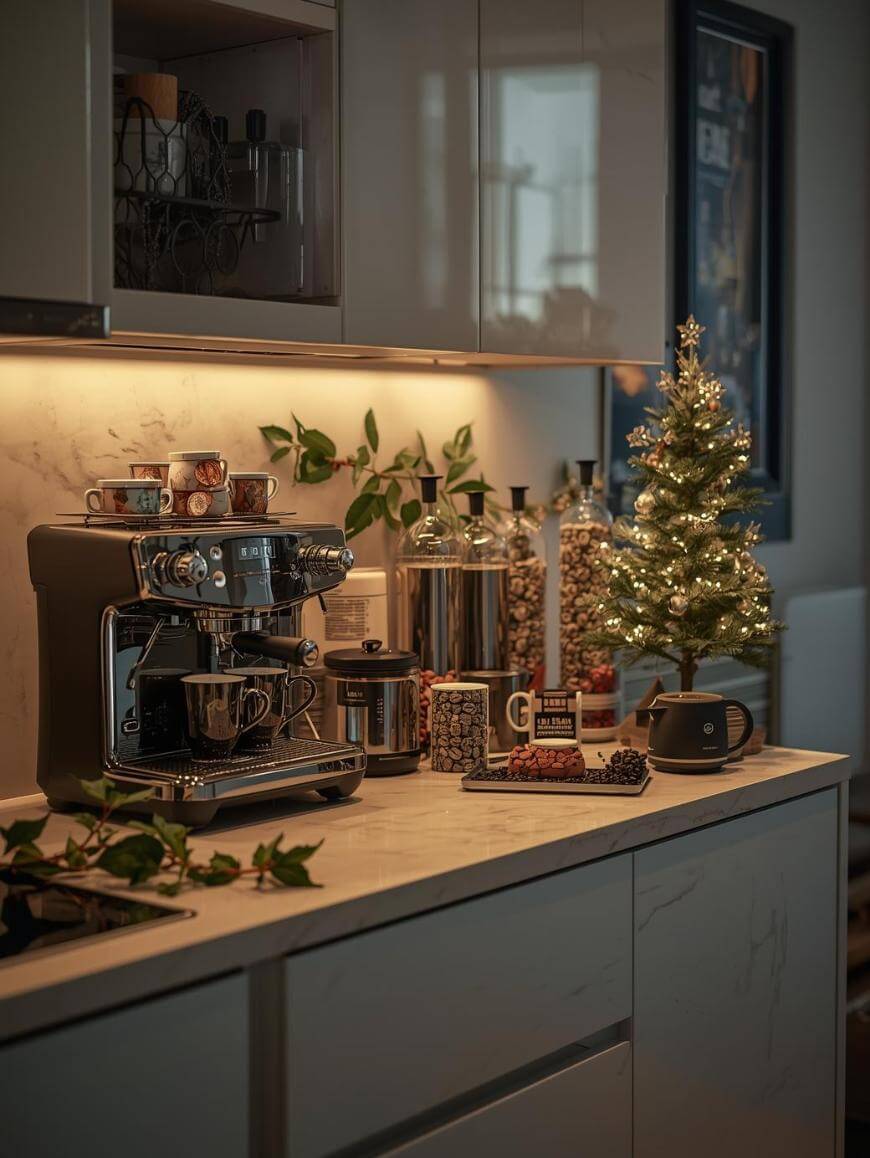 A festive kitchen countertop features a coffee machine, mugs, jars, a small lit Christmas tree, and holiday decorations, creating a cozy and inviting atmosphere.