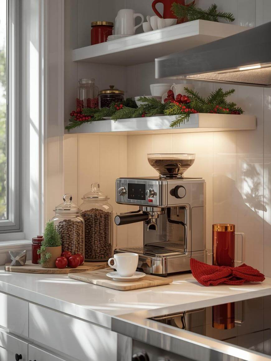 A cozy kitchen corner with a coffee machine, coffee beans in glass jars, a cup and saucer, a red French press, and festive holiday decorations with greenery and berries on white shelves. Sunlight shines through a window.