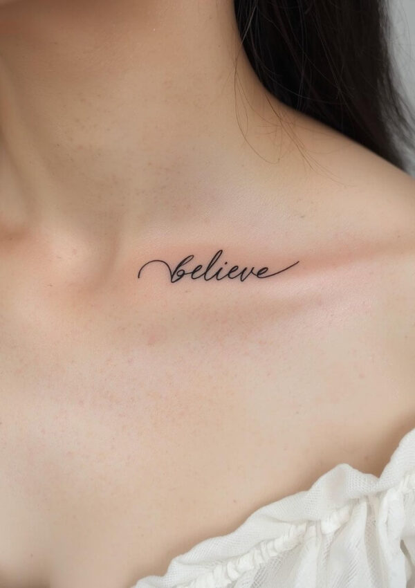 A close-up of a womans collarbone with a delicate black script tattoo that reads believe. She is wearing an off-shoulder white top.