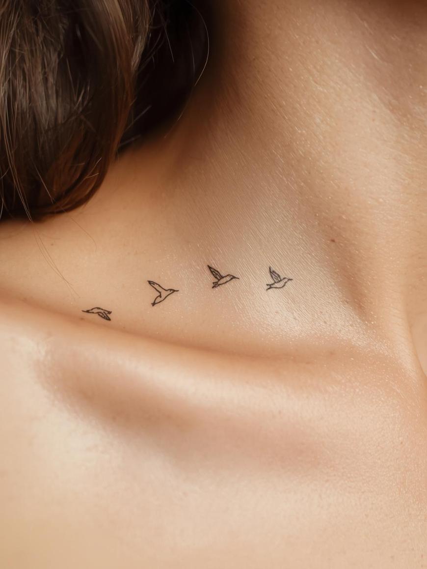 A close-up of a persons upper chest and neck, showing a small tattoo of four flying birds in a simple, minimalist style near the collarbone.