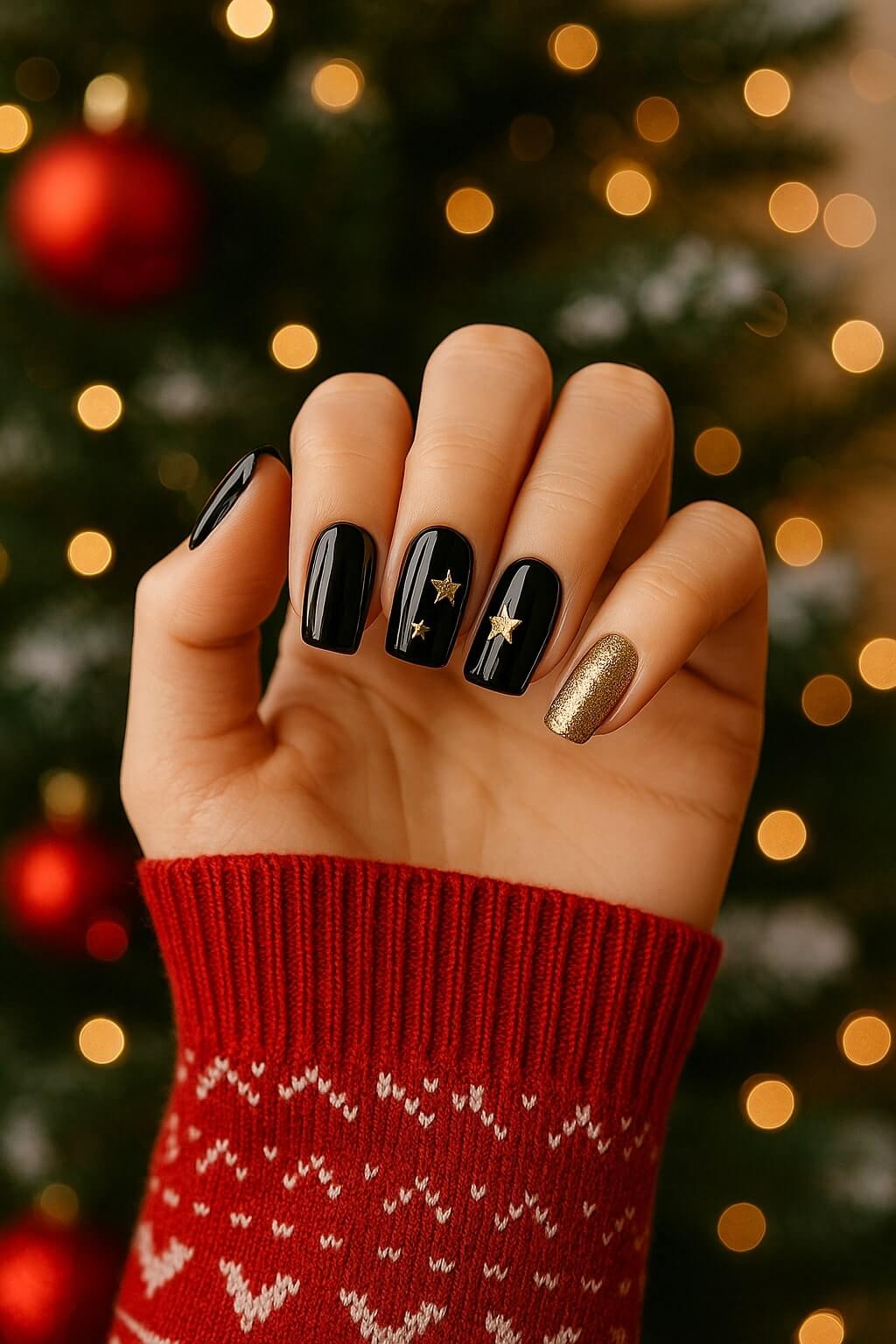 A hand with black and gold festive nail art, featuring two nails with gold stars, is held up in front of a blurred Christmas tree decorated with red ornaments and lights. The person wears a red, patterned sweater.