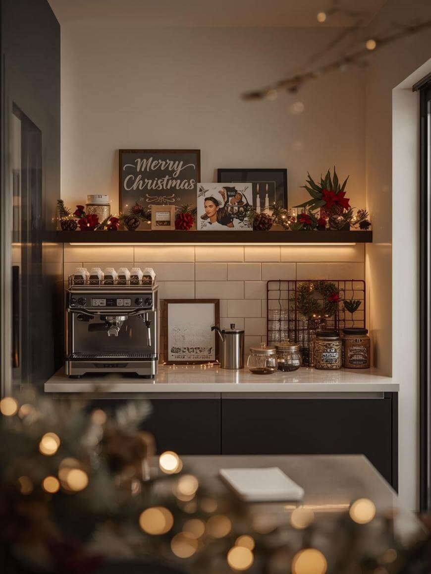 A cozy kitchen corner decorated for Christmas with warm fairy lights, a Merry Christmas sign, festive greenery, jars, a coffee machine, and framed photos on the shelf above a modern countertop.