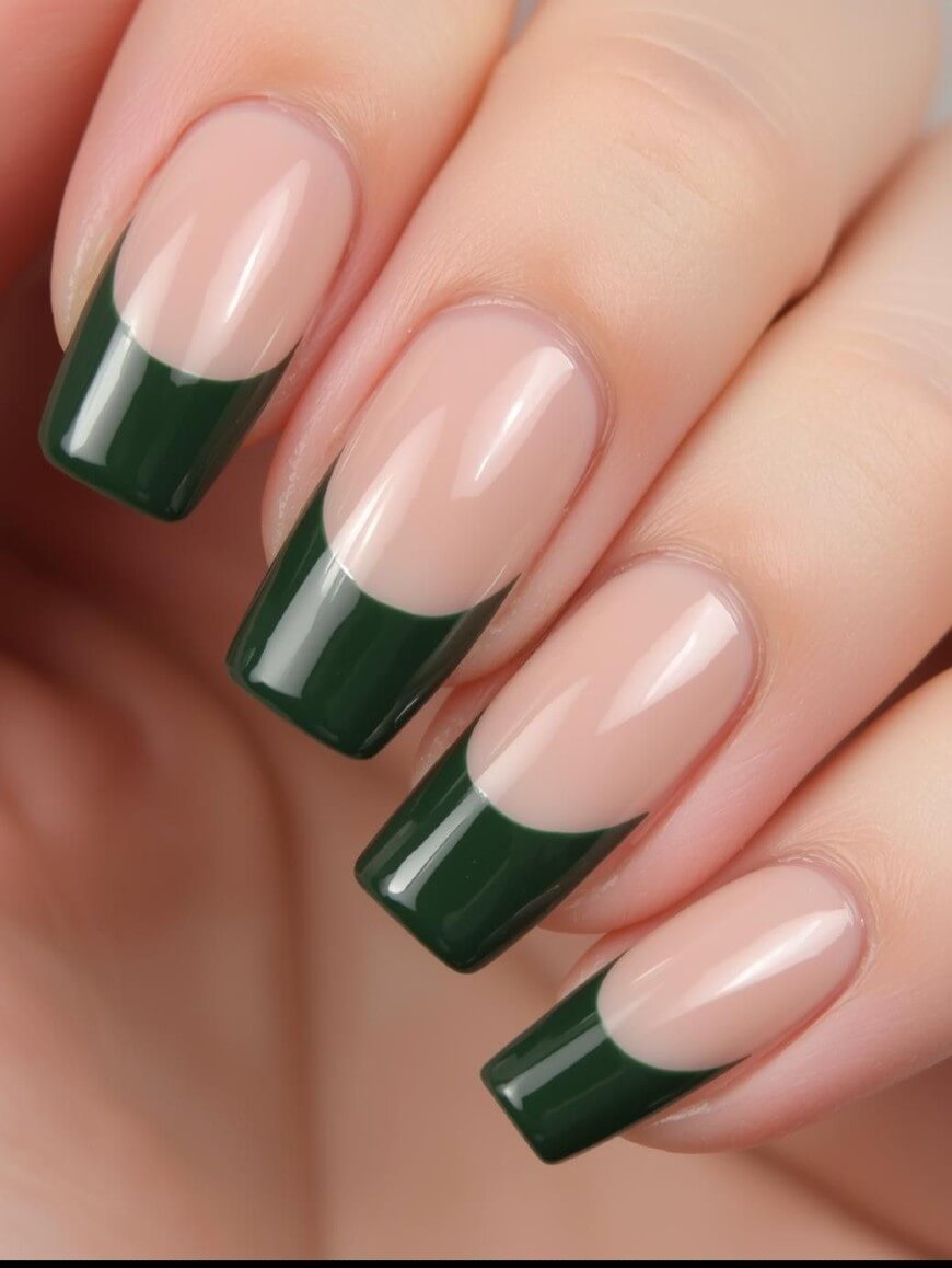 A hand with long, square-shaped nails features a modern French manicure. The nails have a natural, glossy base with deep green tips in a rounded, half-moon shape.