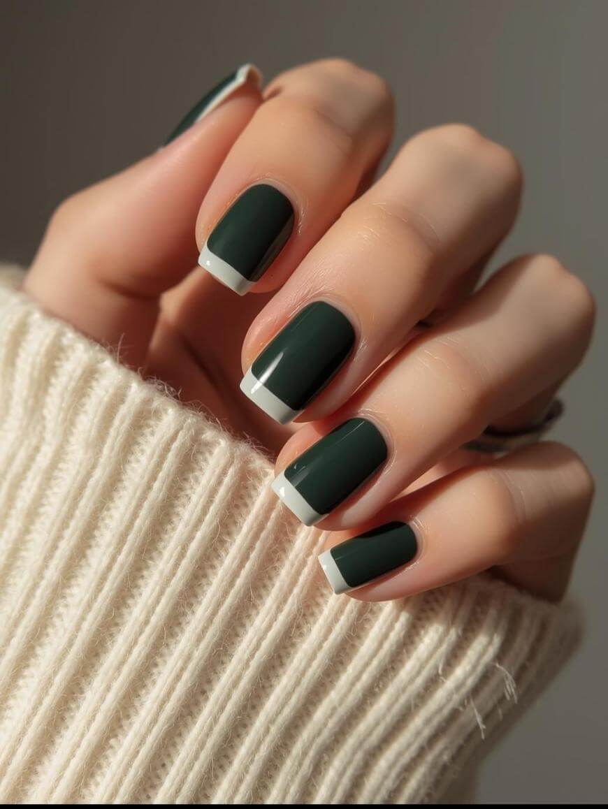 A hand with neatly manicured nails painted in dark green with white tips, resting against a cream-colored ribbed sweater. The nails are squared and the lighting is soft.