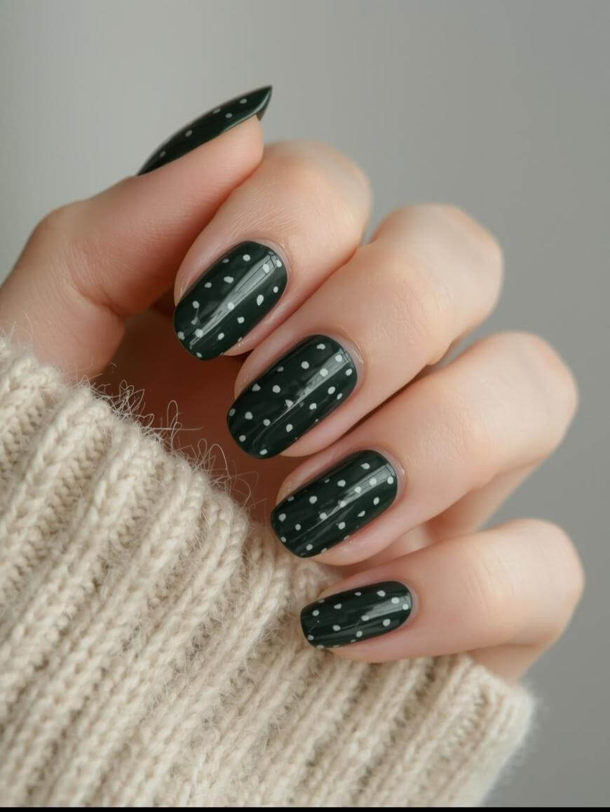 A hand with medium-length nails painted dark green, featuring white vertical lines and dots as nail art. The person is wearing a beige knit sweater. The background is out of focus.