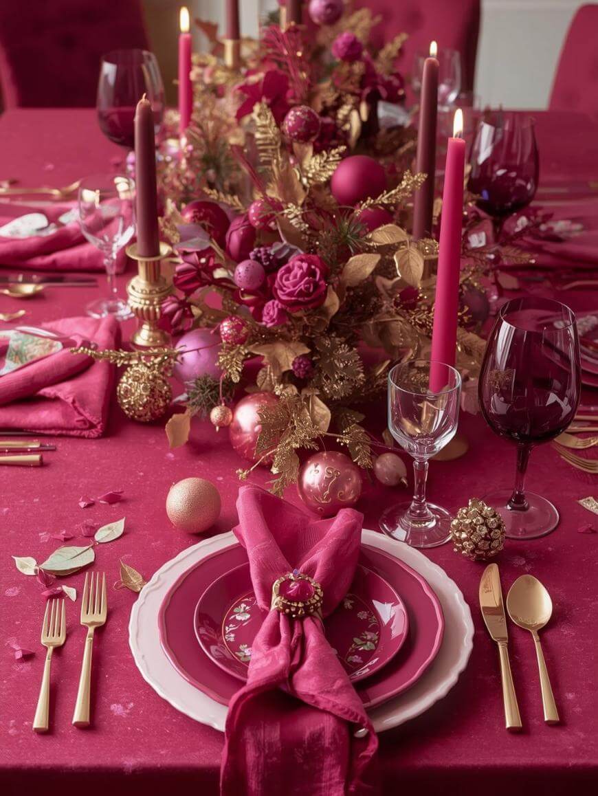 A festive table setting with pink and gold decorations, pink napkins, gold cutlery, and pink candles. Floral and ornament centerpiece with gold accents adds elegance to the rich, magenta tablecloth and matching plates.