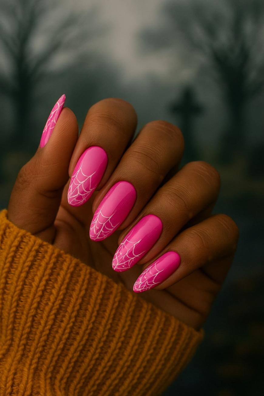 A hand with long, bright pink nails featuring white spiderweb designs, shown against a blurred, dark outdoor background. The person is wearing a mustard yellow knitted sleeve.