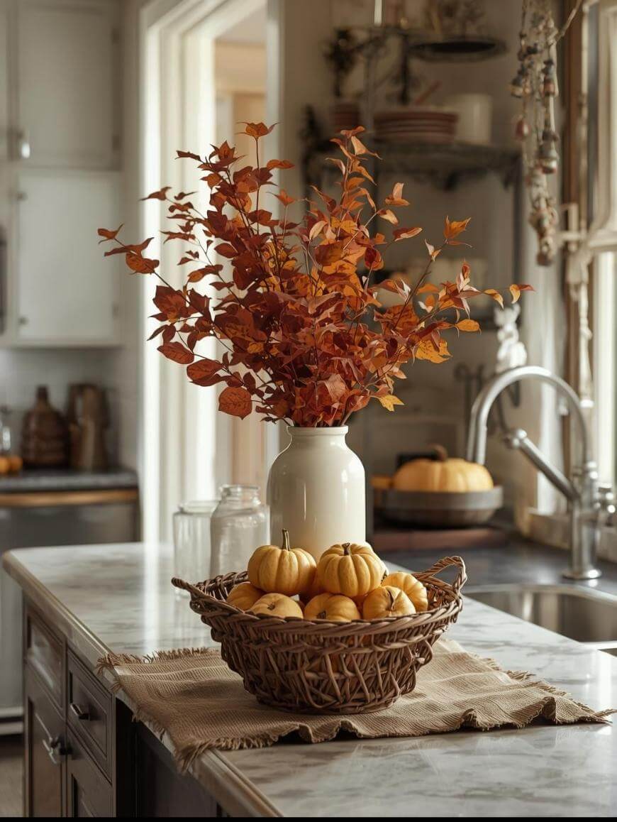 A kitchen countertop decorated with a woven basket of small pumpkins and a white vase holding autumn leaves, creating a cozy fall atmosphere. Natural light streams in from a nearby window.