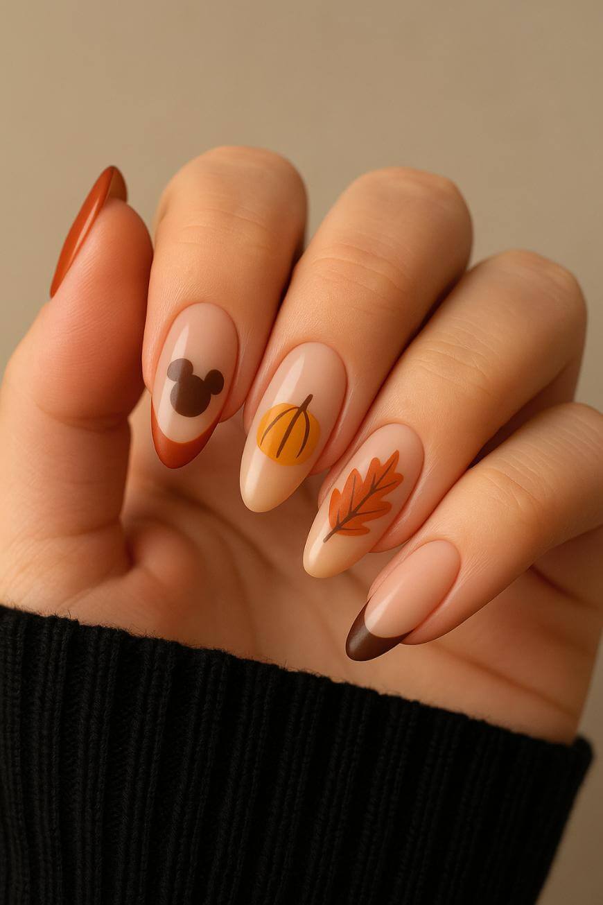 A hand with almond-shaped nails featuring autumn-themed nail art: a brown Mickey Mouse silhouette, a pumpkin, and an orange leaf on a nude base with brown and orange tips. The person wears a black sweater.