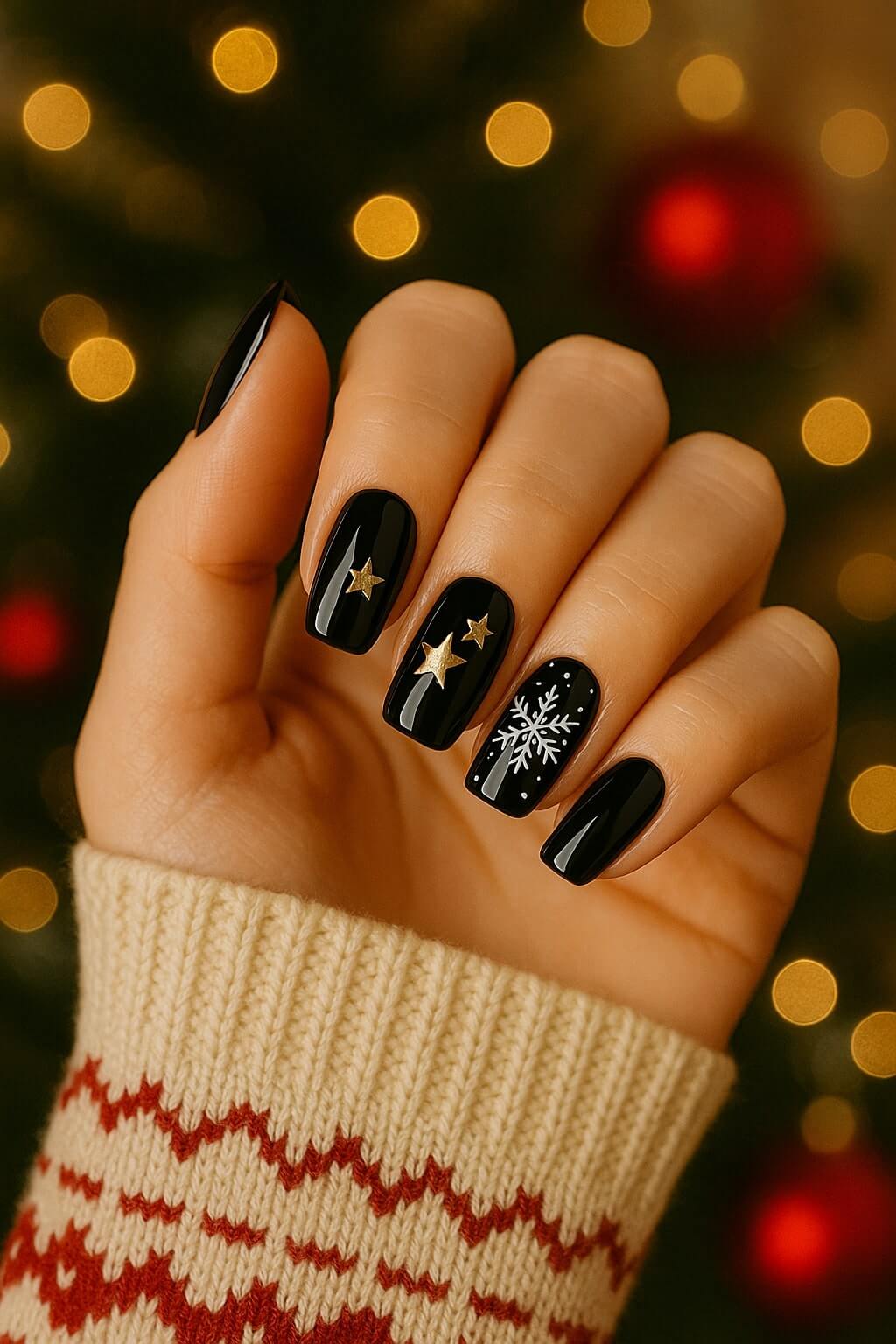 A hand with long black nails featuring gold star designs and a white snowflake accent nail, wearing a cream sweater with a red pattern, in front of blurred festive lights.