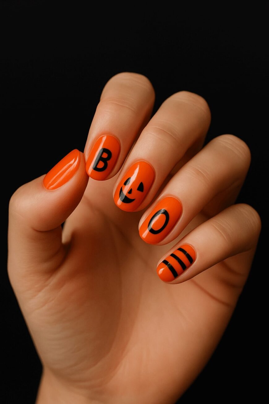 A hand with orange Halloween-themed nail art spelling BOO, featuring black letters, a jack-o’-lantern face on the middle finger, and black stripes on the pinky, against a black background.