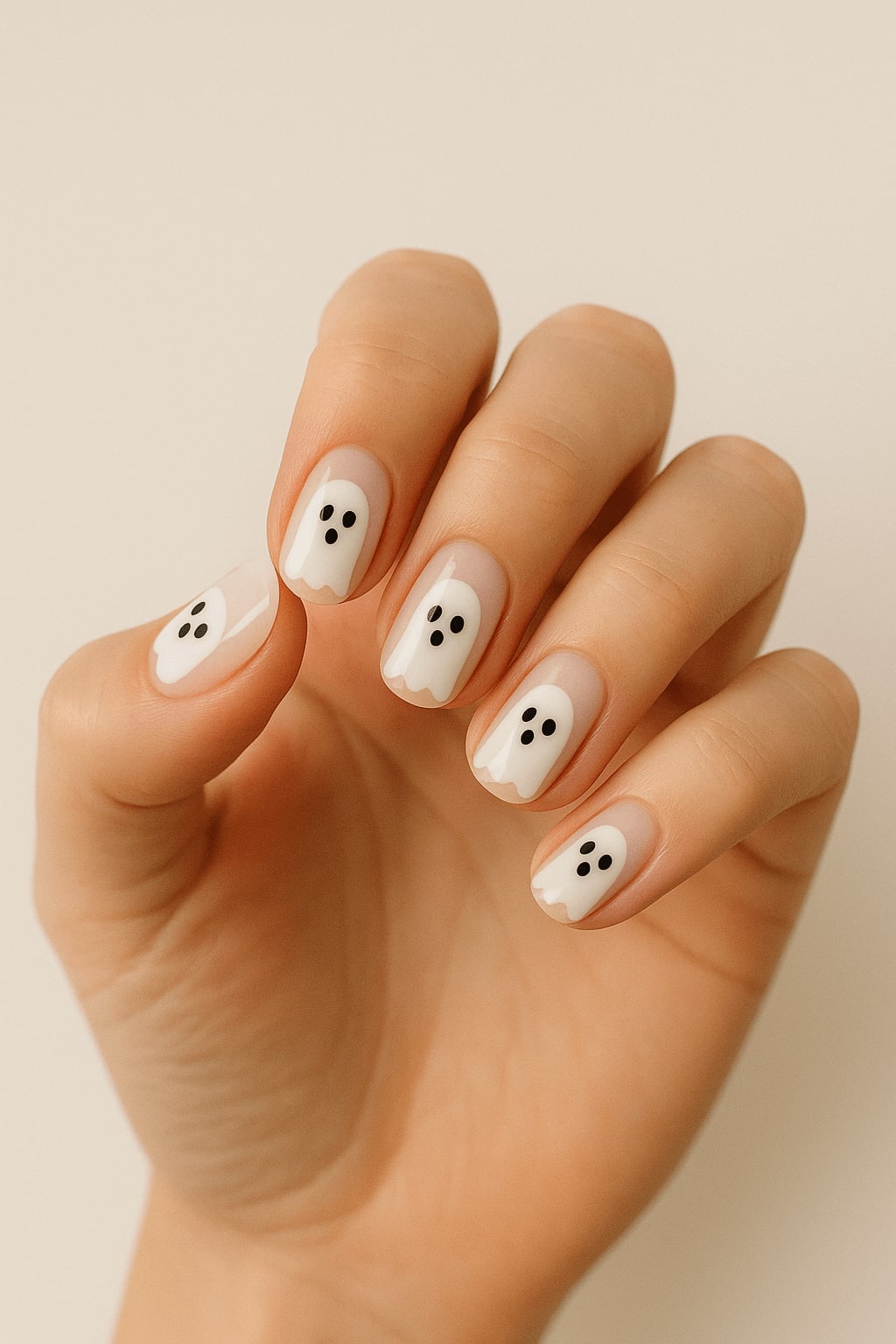A hand with manicured nails painted with white ghost designs, each featuring black eyes and mouths, on a natural beige background.