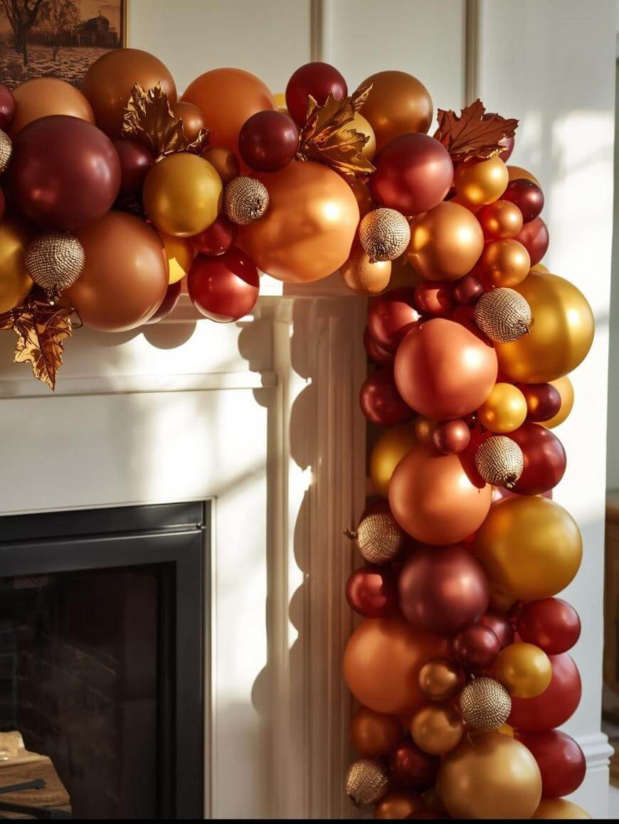 A festive garland of red, orange, gold, and bronze balloons, accented with metallic leaves, decorates a white fireplace mantle in warm natural light.