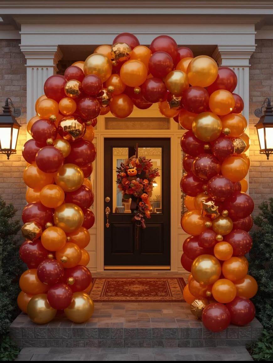 A house entrance is decorated with an arch of red, orange, and gold balloons. The front door features a Halloween wreath with a pumpkin and autumn leaves. Two lanterns are mounted on the brick wall beside the door.