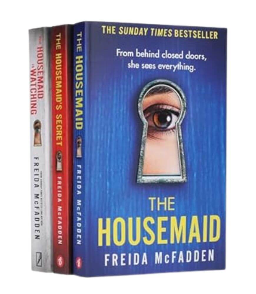 Three paperback books by Freida McFadden: The Housemaid, The Housemaids Secret, and The Housemaid is Watching. The first cover features a keyhole with an eye peering through it.