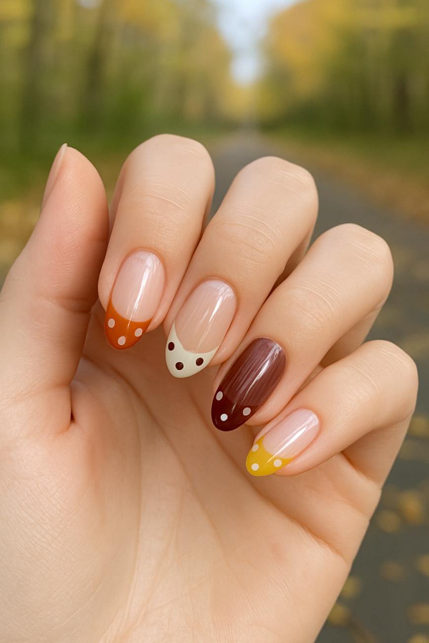 A hand with five fingernails painted in different autumn-inspired colors, each featuring a French tip with small white polka dots. The background is an outdoor path surrounded by trees with yellow-green leaves.