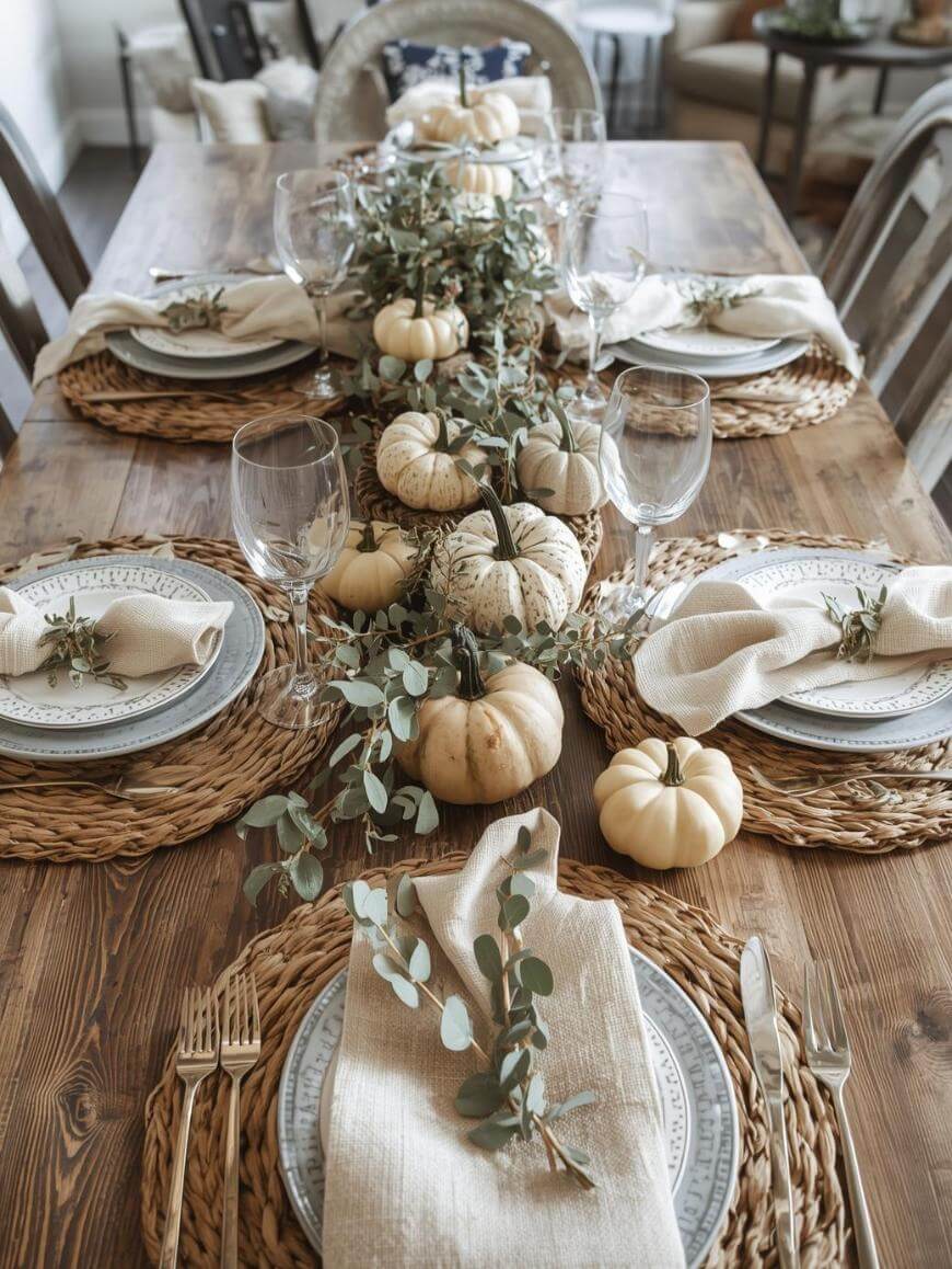 A rustic wooden dining table set for four with woven placemats, white plates, beige napkins, gold cutlery, clear glasses, and a centerpiece of small white pumpkins and eucalyptus branches.