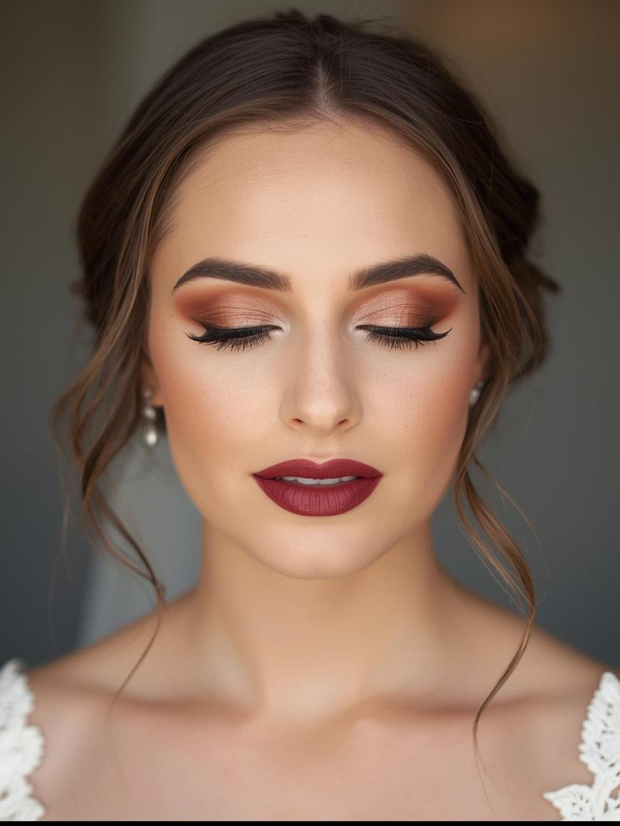 A woman with brown hair styled in a loose updo, wearing dramatic eye makeup with winged eyeliner, bold red lipstick, and pearl earrings, poses with her eyes closed and a calm expression.