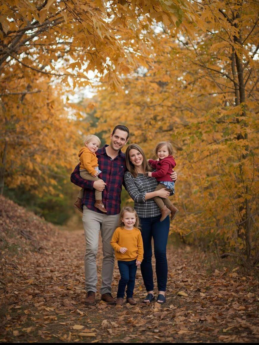 A smiling family of four stands on a leaf-covered path surrounded by autumn trees. The parents each hold a toddler, while an older child stands between them. All are dressed in fall clothing, enjoying a seasonal outdoor setting.