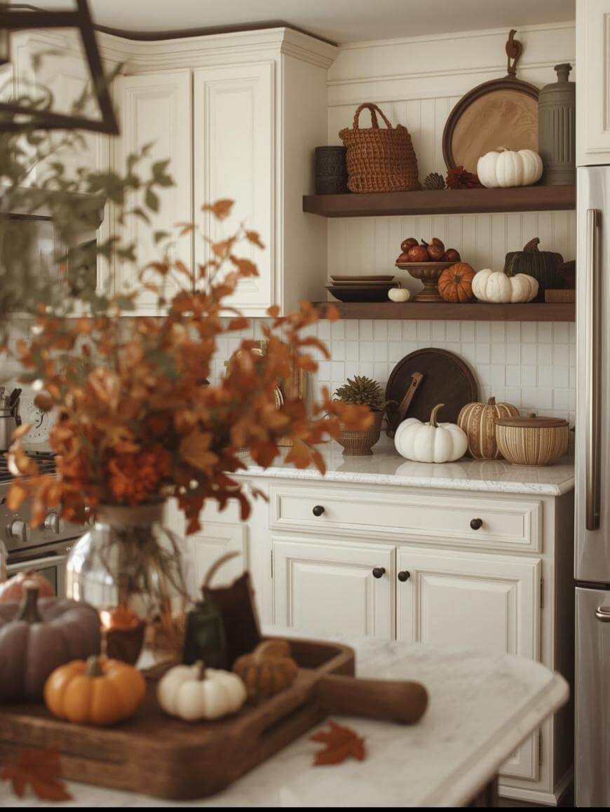 A cozy kitchen decorated for autumn with white cabinets, open shelves holding wicker baskets and pumpkins, and a countertop adorned with jars, cutting boards, and assorted small pumpkins in fall colors.