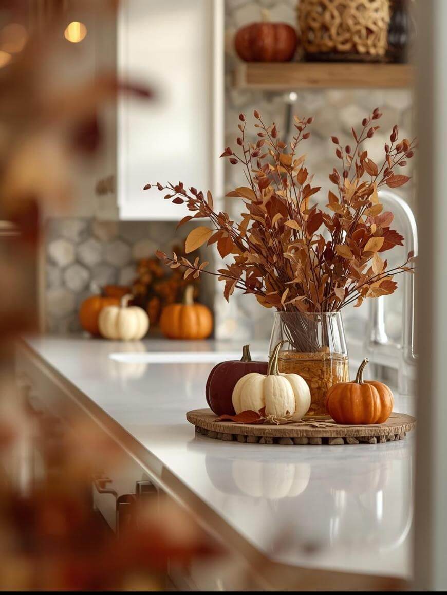 A kitchen decorated for autumn with a white countertop, a glass vase of orange-brown foliage, and several small orange and white pumpkins arranged on a wooden tray and counter.