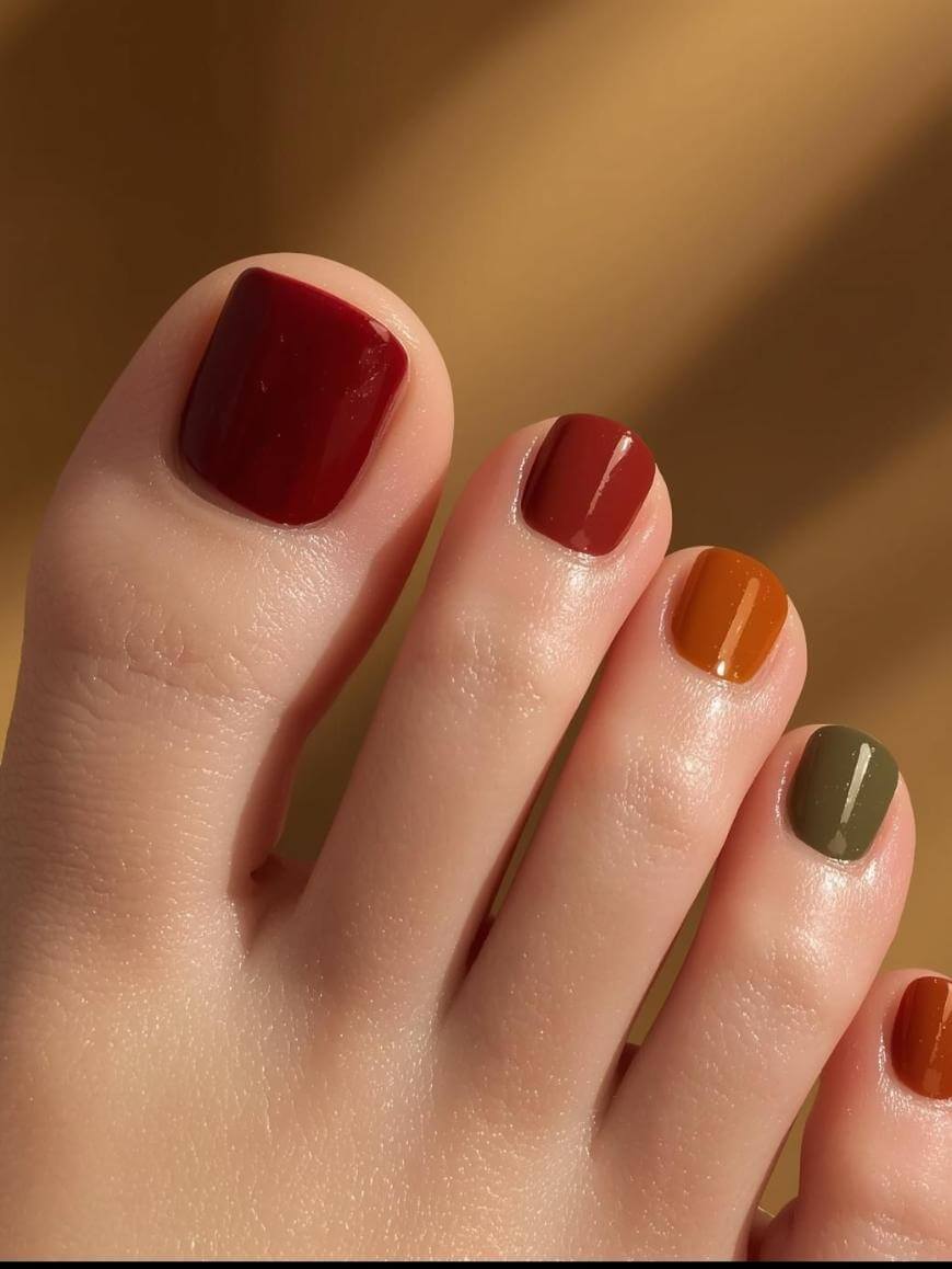 Close-up of four toes with each toenail painted a different color: deep red, brick red, orange, and olive green, against a softly blurred brownish background.