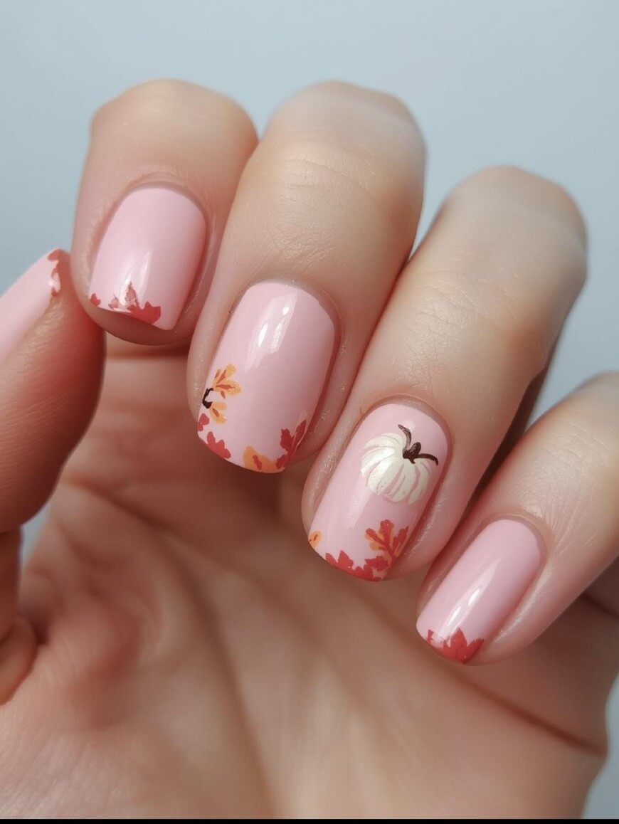A hand with short, pink-painted nails features autumn leaf designs and a small white pumpkin accent on the ring finger. The art is delicate and seasonal, highlighting fall themes.