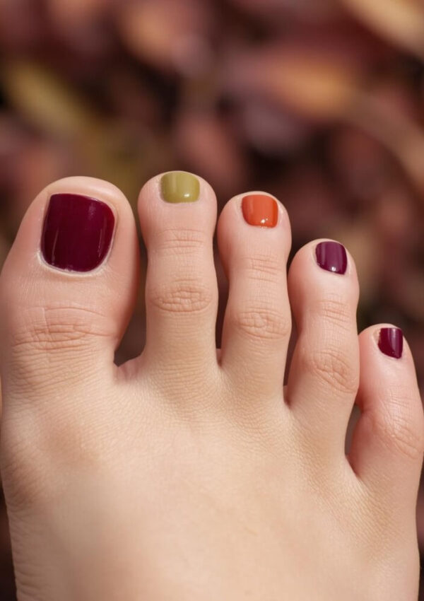 A close-up of toes with toenails painted in fall colors: maroon, olive green, orange, and plum, against a blurred brownish background.