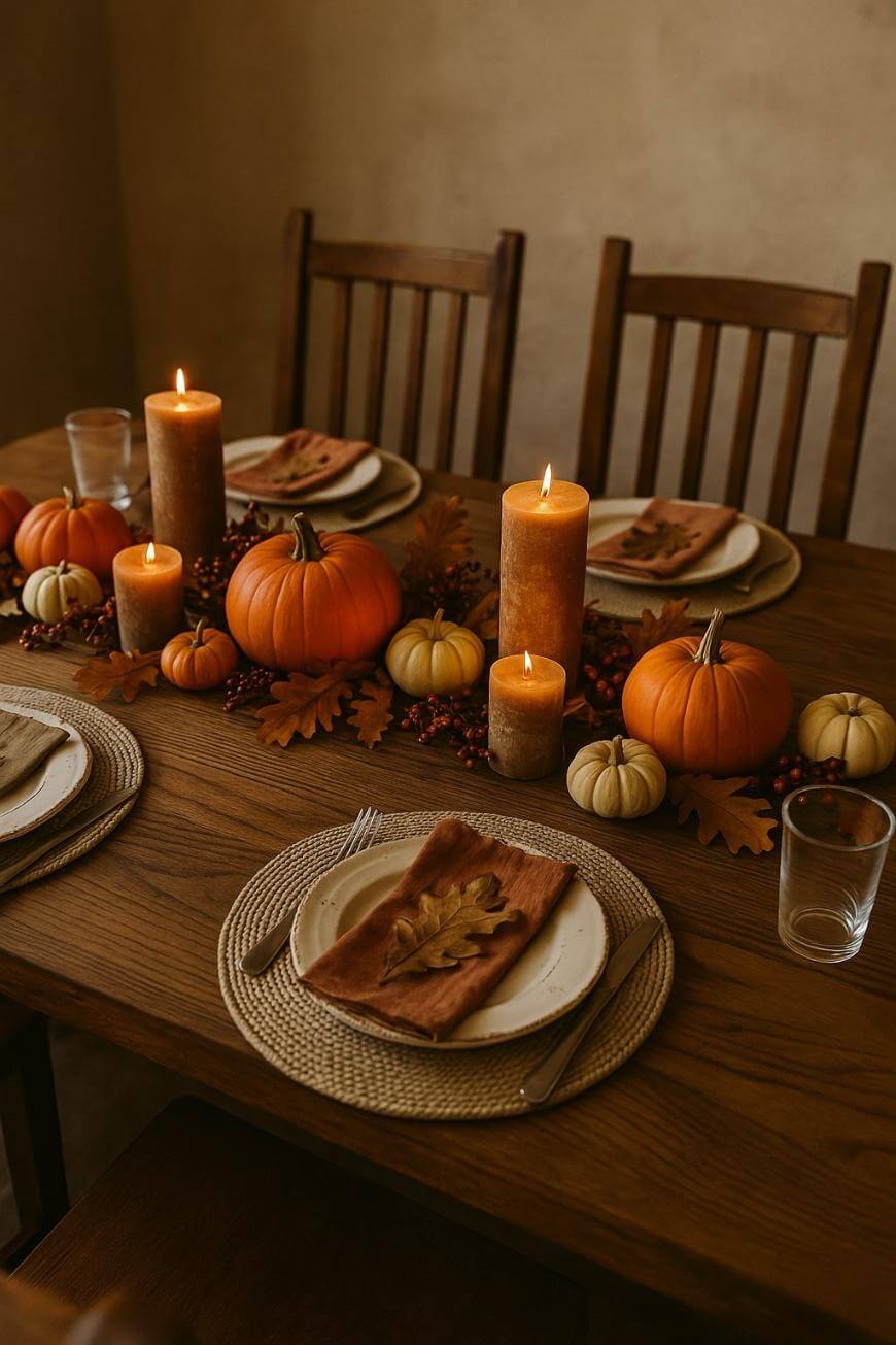 A wooden dining table set for four with woven placemats, white plates, orange napkins, and brown leaf decor. The centerpiece features pumpkins, candles, autumn leaves, and berries, creating a warm, cozy autumn atmosphere.