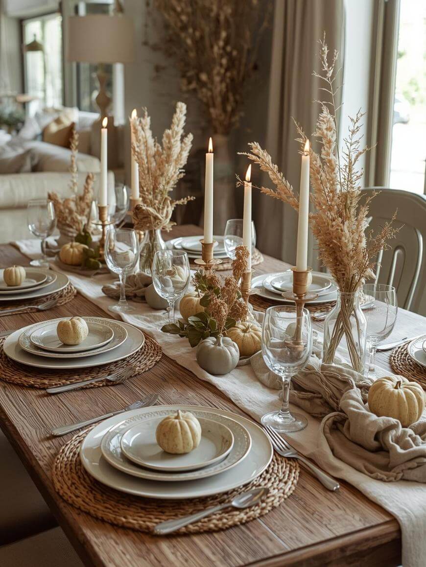 A rustic wooden dining table set for a meal, decorated with small white pumpkins, dried grasses in vases, and lit candles. Plates, glasses, and napkins are neatly arranged for six people. Natural light fills the room.