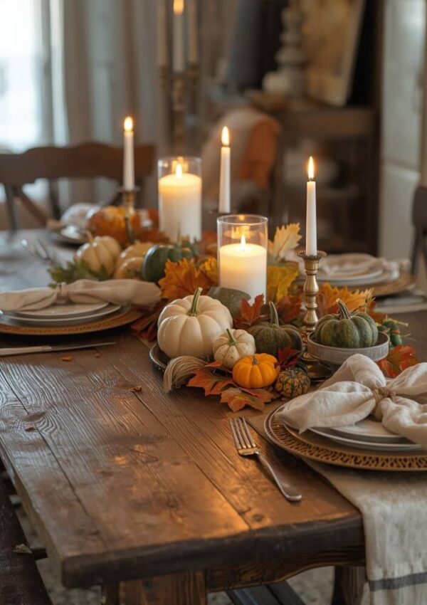 A rustic wooden dining table set for fall with white and orange pumpkins, autumn leaves, candles, gold-rimmed plates, and beige napkins, creating a warm and inviting centerpiece display.