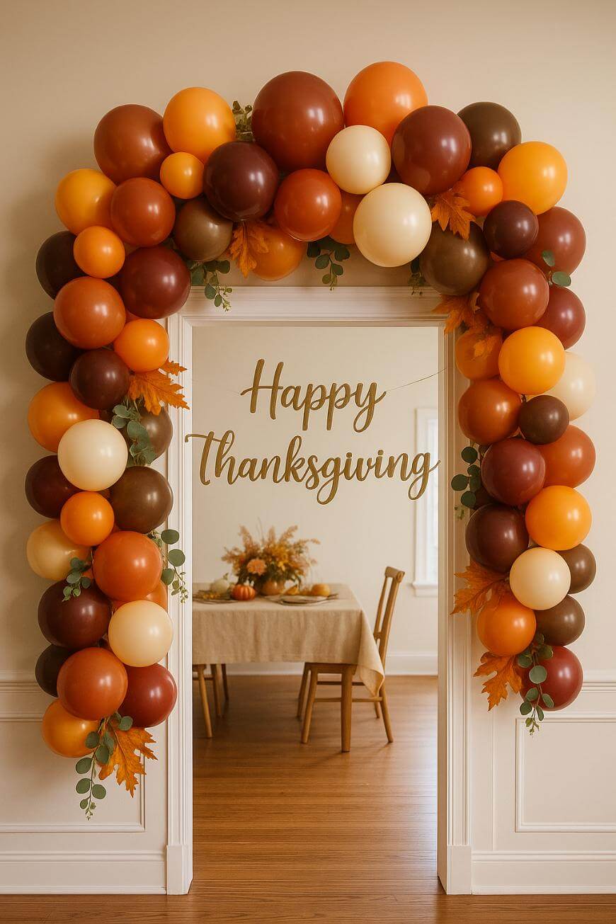An arch of orange, brown, and cream balloons frames a doorway with Happy Thanksgiving written on the wall. Through the doorway, a table with a fall centerpiece and two chairs is visible.