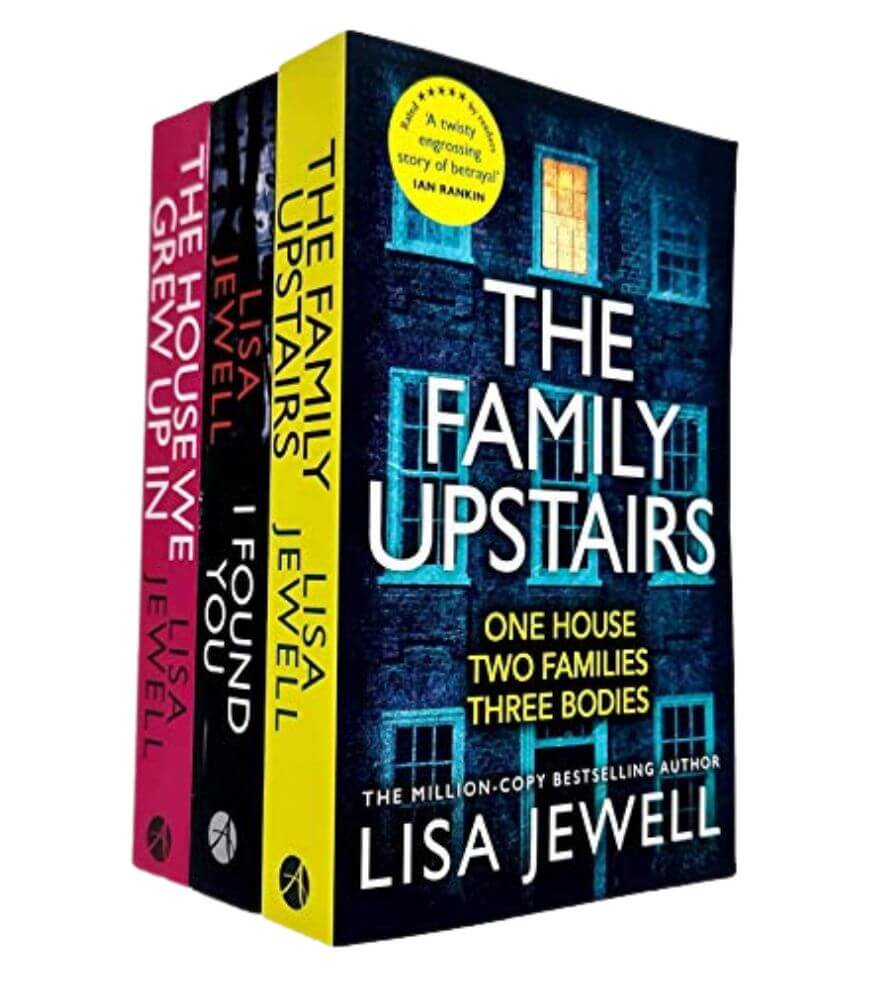 Three Lisa Jewell novels—The Family Upstairs, I Found You, and The House We Grew Up In—are displayed standing together, showcasing their colorful spines and front covers.