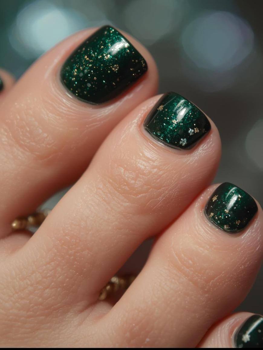 Close-up of toes with dark green nail polish featuring gold and silver glitter. The nails are neatly shaped and shine under soft lighting, highlighting the glittery effect.