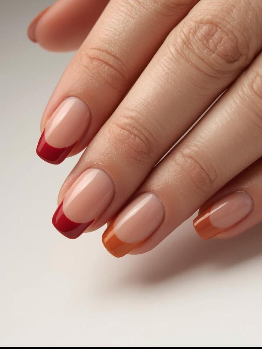 A hand with neatly manicured nails featuring a French tip design; the tips are painted in shades of red and orange, while the rest of the nails are a natural, glossy nude color.